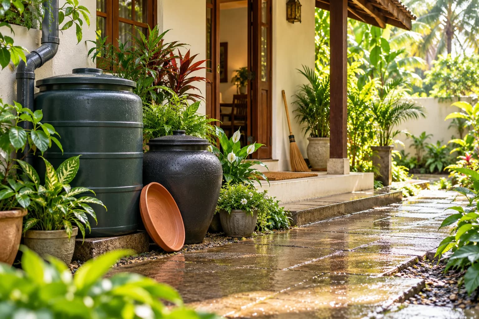 Illustrative Sri Lankan courtyard with covered water containers for mosquito prevention