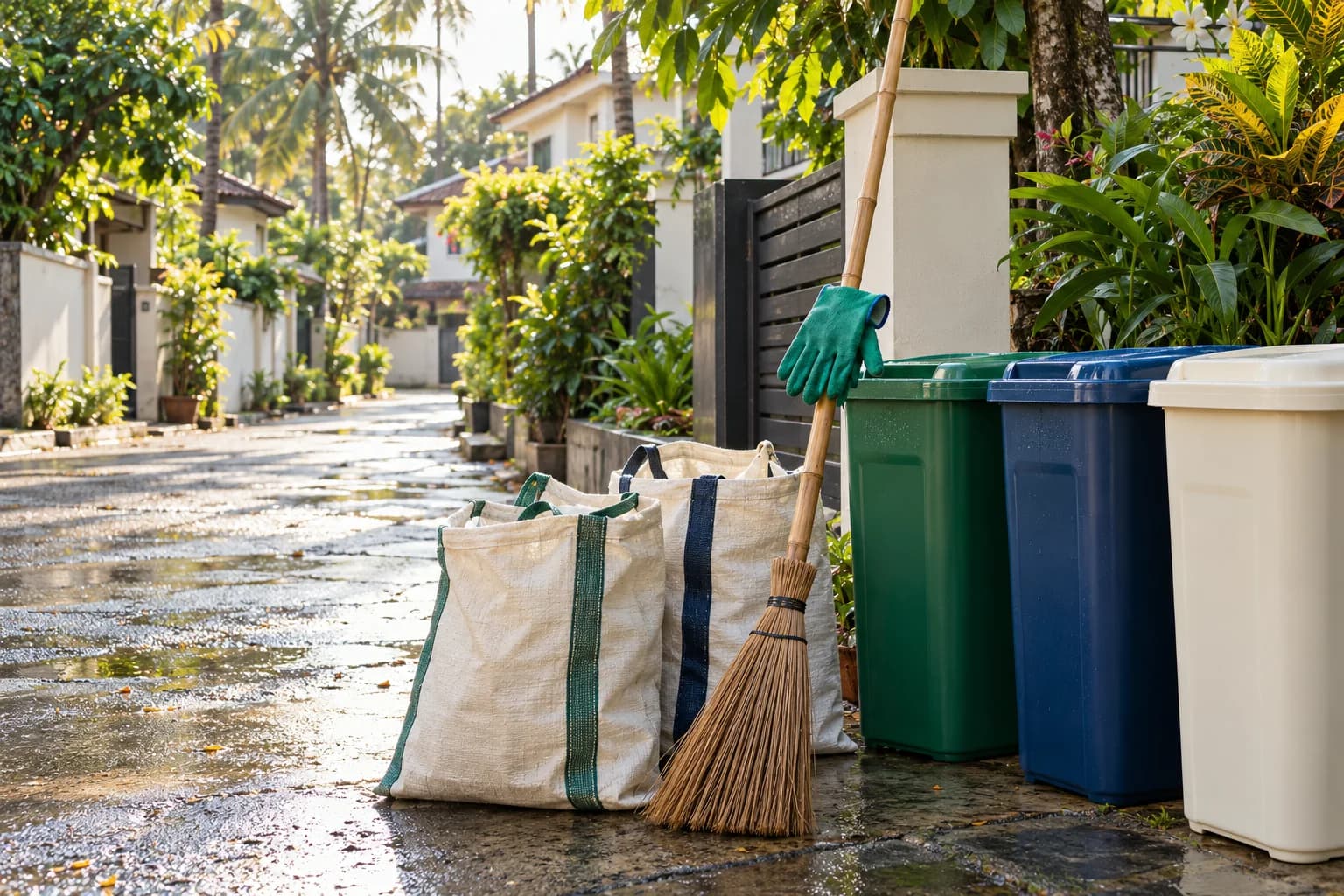 Illustrative clean-up tools prepared beside a leafy Sri Lankan neighbourhood lane