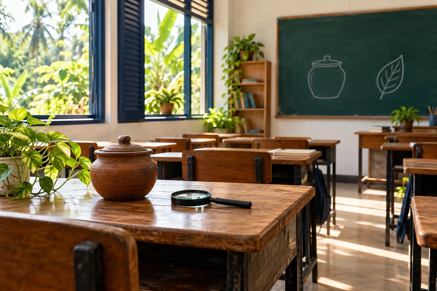 Illustrative Sri Lankan classroom prepared for an environmental hygiene lesson